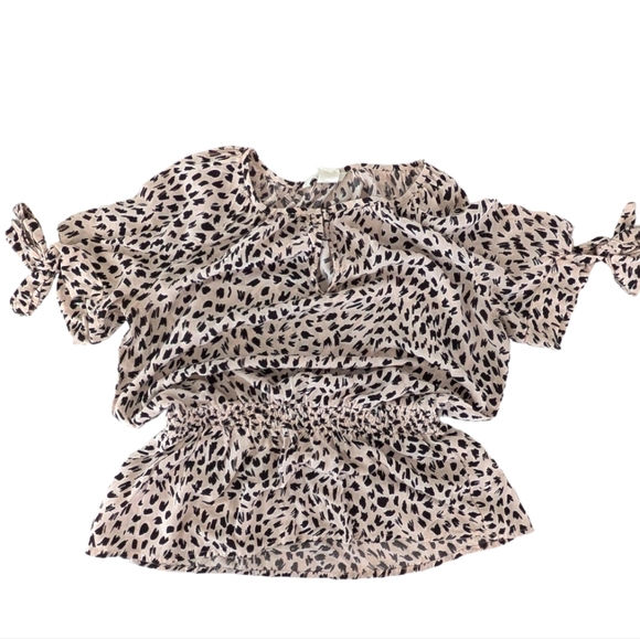 H&M Women's Sz 4 Peplum Short Tie Sleeve Round Keyhole Neck Animal Geo Print Top - Picture 3 of 6